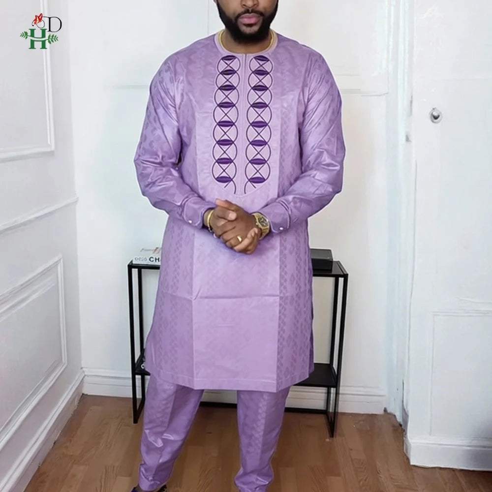 H&D African Clothing For Man Traditional Agbada Sets 2PCS Purple Bazin Riche Shirt Pant Embroidery Wedding Party Suits Plus Size
