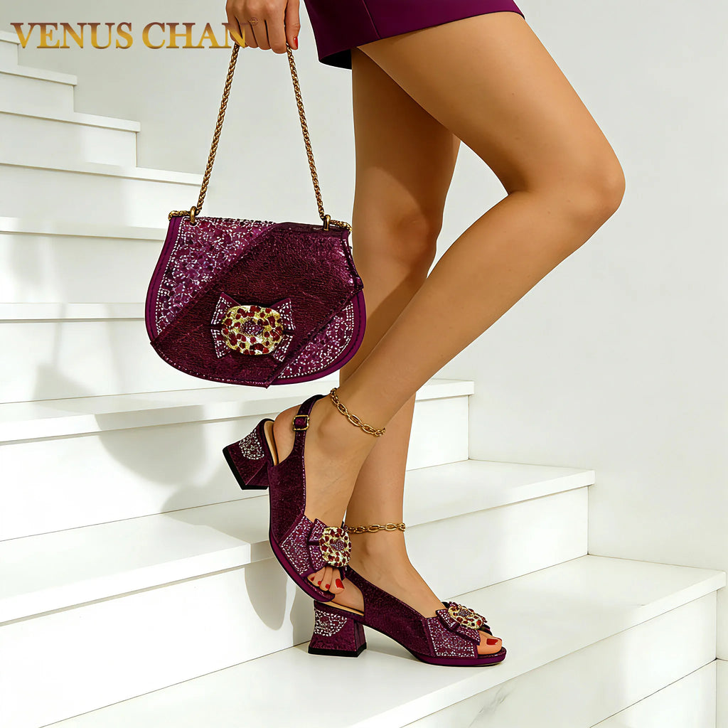 Venus Chan 2026 Elegant Rhinestone Peep Toe High Heels for Women - Italian Design Purple Sandals with Matching Handbags