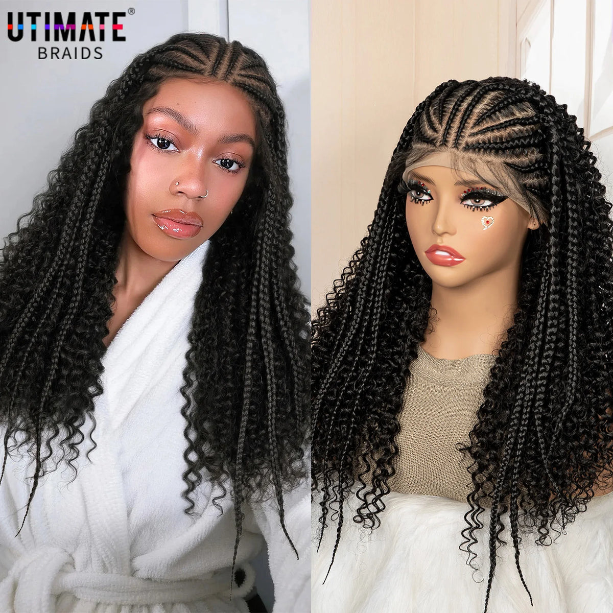 13x6 Lace Frontal Synthetic Braids Wig 22 Inches Cornrow Braided Wig with Curly Handmade Knotless Braiding Wig for Black Women