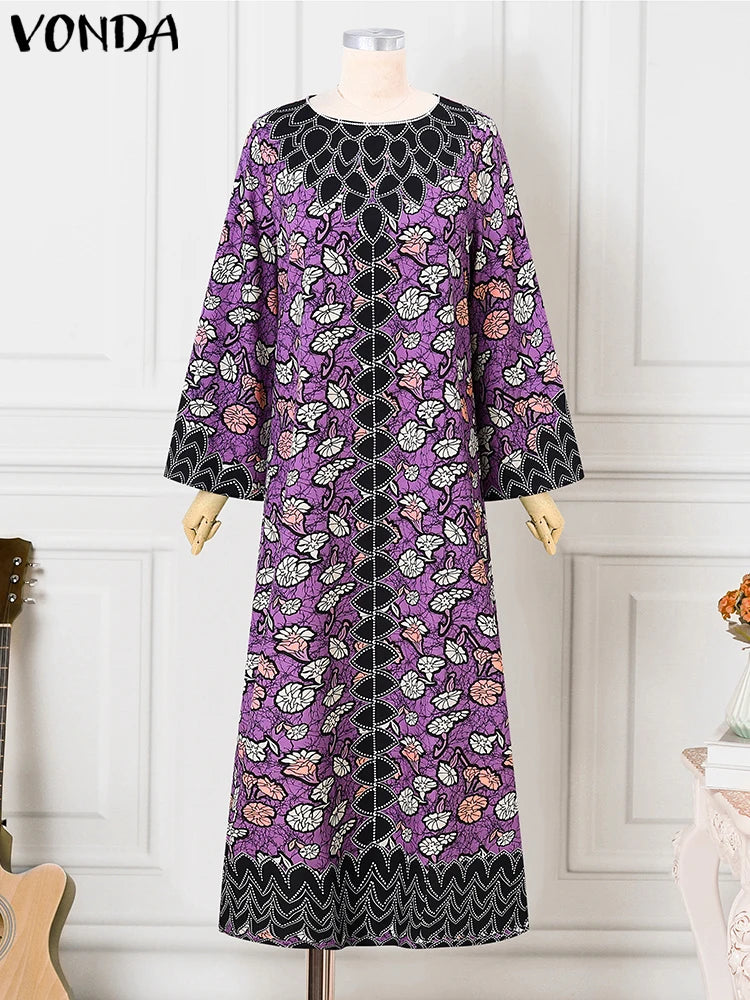 VONDA Bohemian Party Dress Elegant Women Printing Sundress Vintage Flare Long Sleeve Maxi Vestidos Oversized O-Neck Robe Femme