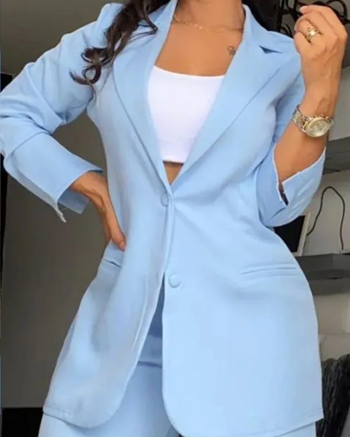 Women Pant Sets Two Piece Set Pants Turn Down Collar Single Breasted Tracksuit Outerwear Ankle Length Straight Pockets Loose