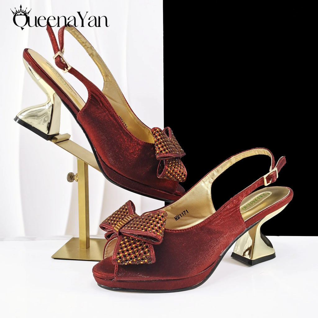 Queena Yan Newest Italian Design Special Synthetic Fabrics Women's Matching Shoe and Bag Set High Heel for Weddings and Parties