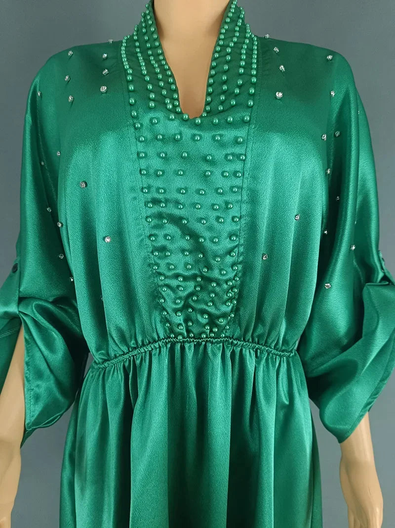 Women Elegant Shiny Satin Loose Party Dress V Neck Beading High Waist Long Gowns Formal Celebrate Evening Event Birthday Robes