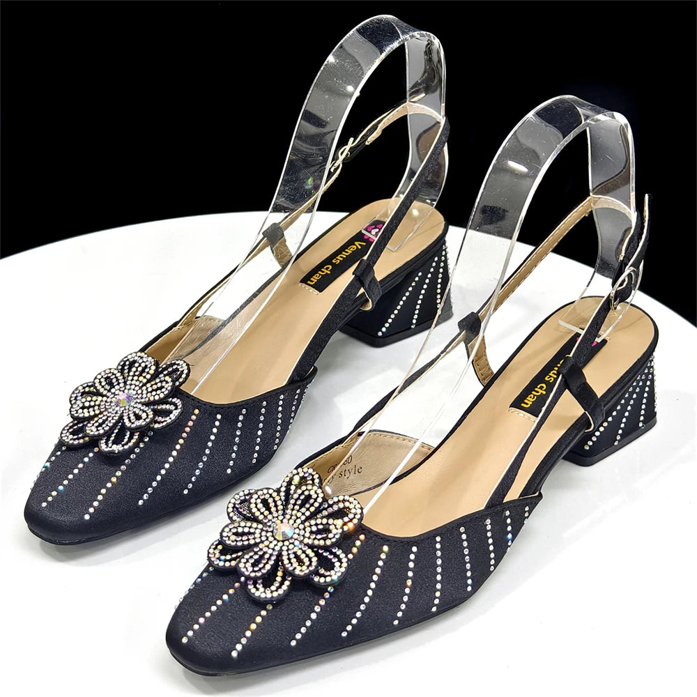 2026 New Elegant Italian Women's Black Heels with Rhinestones and Floral Accents & Matching Clutch Bag Set – Ideal for Parties