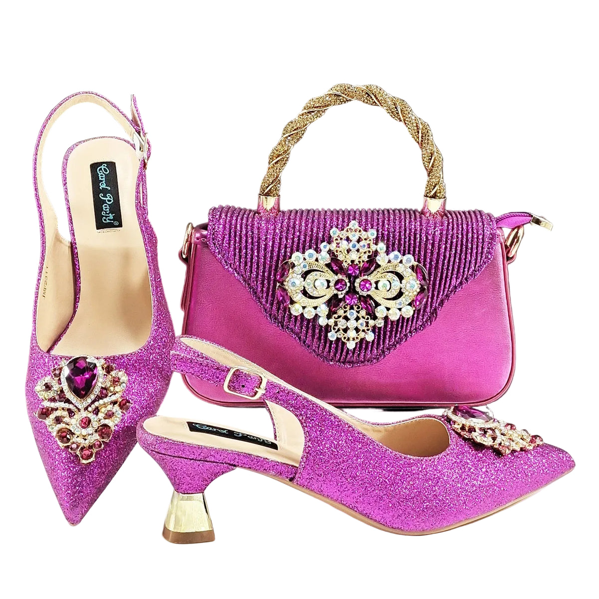 Italian Design Peach Color Pointed Toe Shoe & Bag Set Rhinestone Luxury  Women's High Heels for Parties By QSGFC