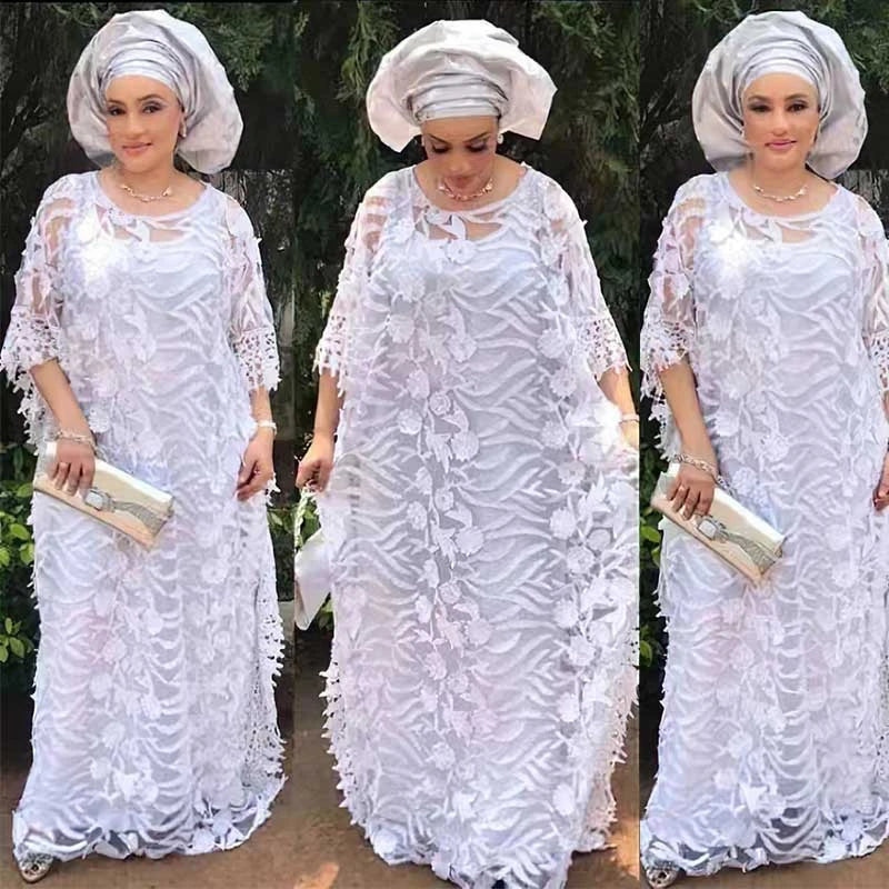 White Lace Hollow Africa Dresses for 2023 Muslim Women Dress African Clothes Dashiki Taditional Boubou Arabic Robe Femme Ramadan