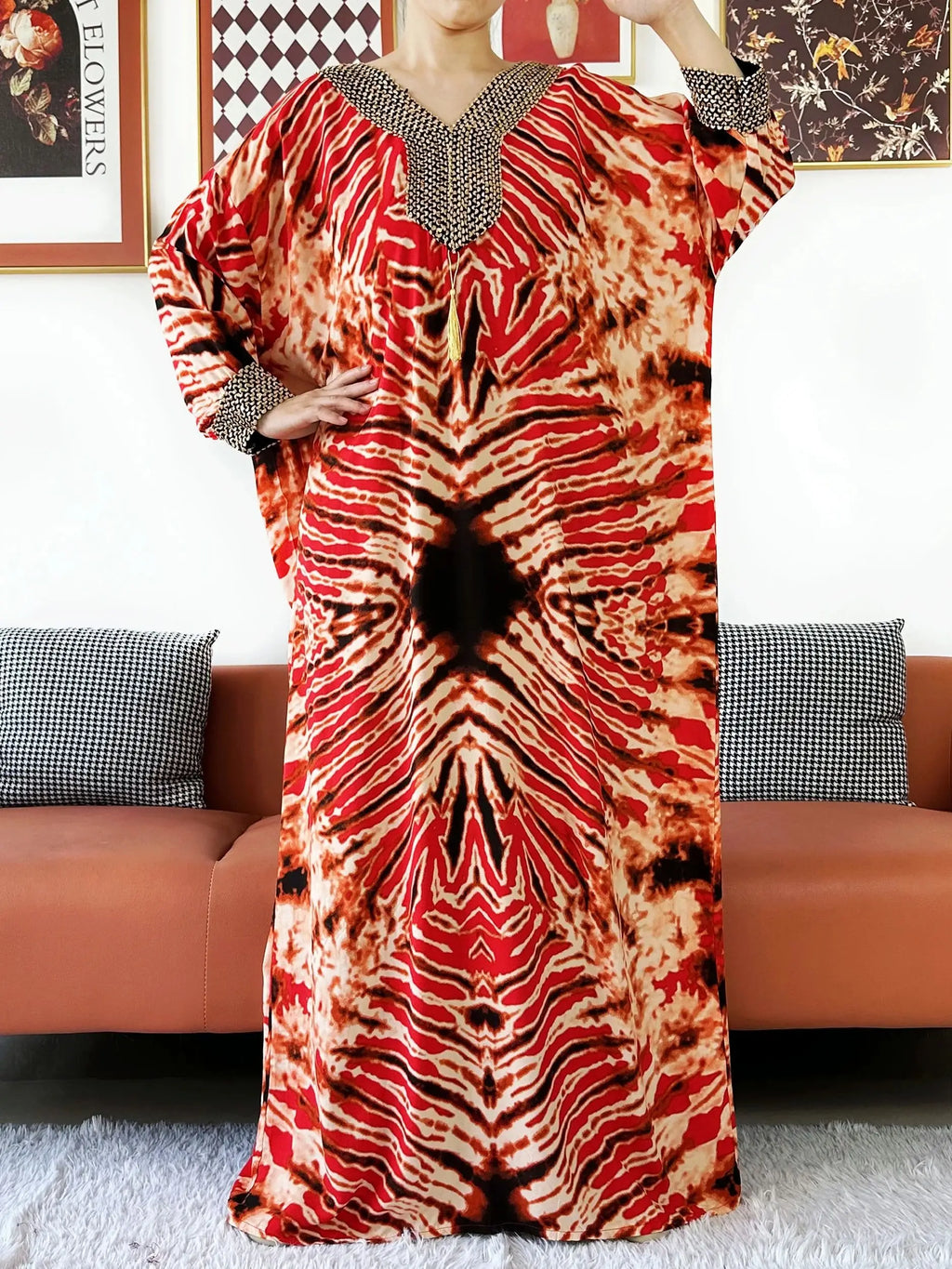 2025 Long Sleeve Embroidered V-Neck Cotton Women Loose Abaya Boho Maxi Dress Casual Fashion Dress African Vestidos