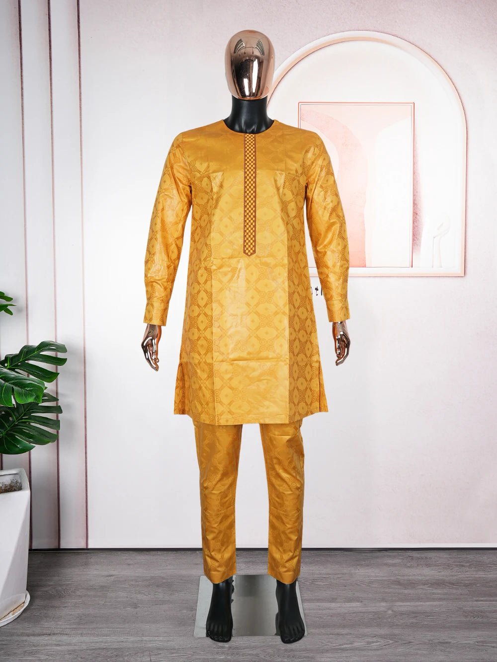 H&D African Clothes Men Native Wear Formal Traditional Embroidery Bazin Riche Dashiki Yellow Shirt Pants 3PCS Bubu Dress Suit