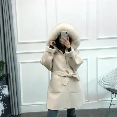 2024 New Oversize Ladies Outerwear Real Fur Coat Winter Jacket Women Natural Fox Fur Collar Cuffs Hood Cashmere Wool Woolen