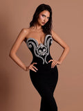 Women Sexy Strapless Beading Rhinestone Black Maxi Long Summer Bodycon Bandage Dress 2025 Elegant Evening Club Party Dress