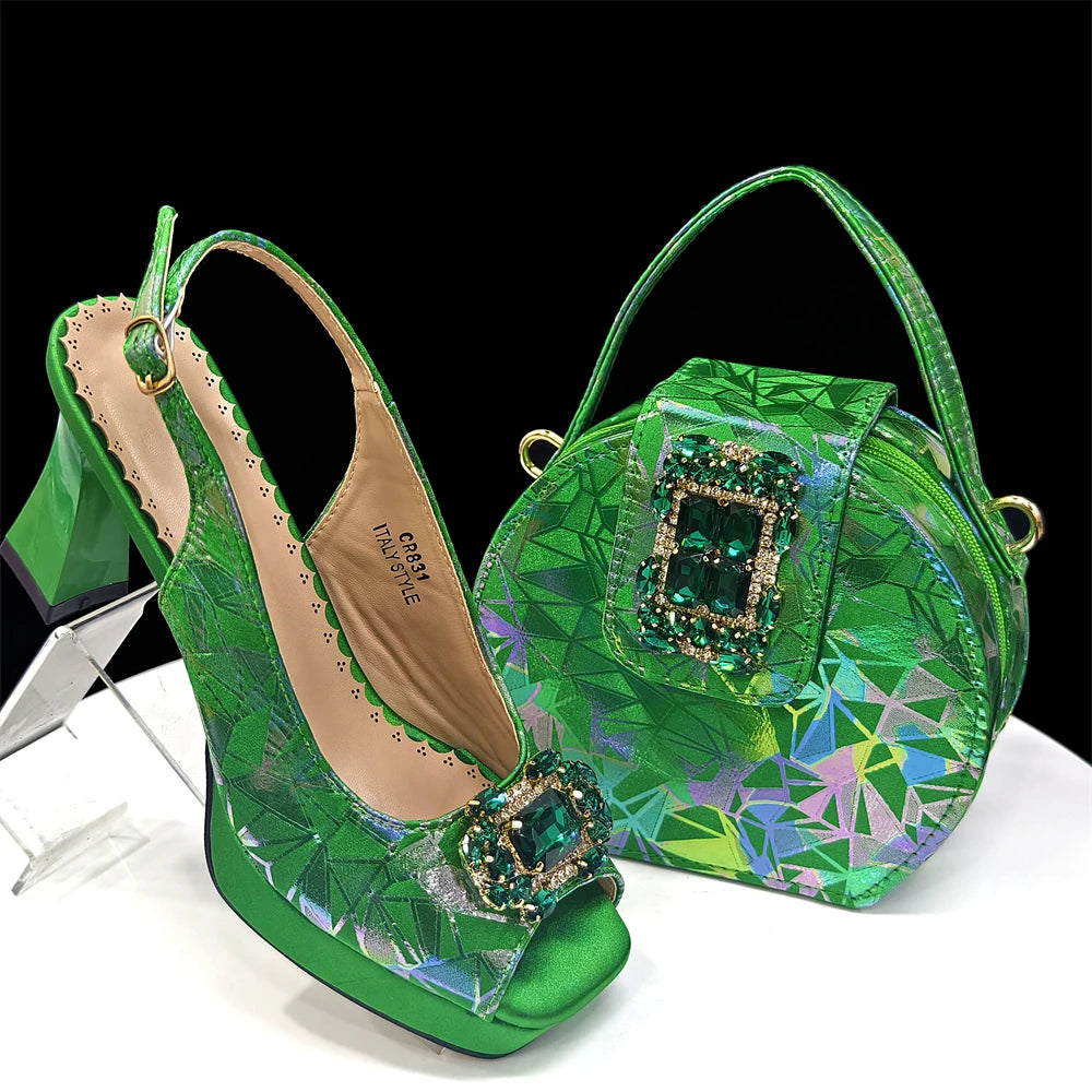 Venus Chan 2025 INS Orange Color Elegant Women Shoes and Bag Set Decoration Rhinestones Square Head Women High Heels Shoes