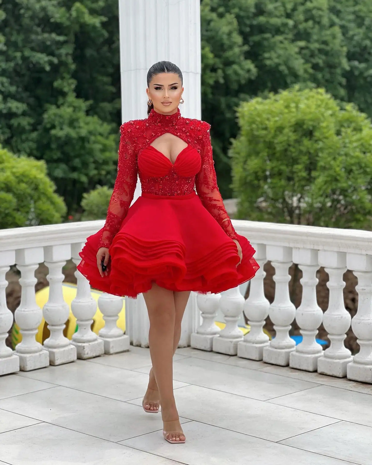 2025 Red High Neck Full Sleeves Beaded Applique Short Tiered Ruffles Prom Dresses Custom Made Girl Wear Women Evening Dress