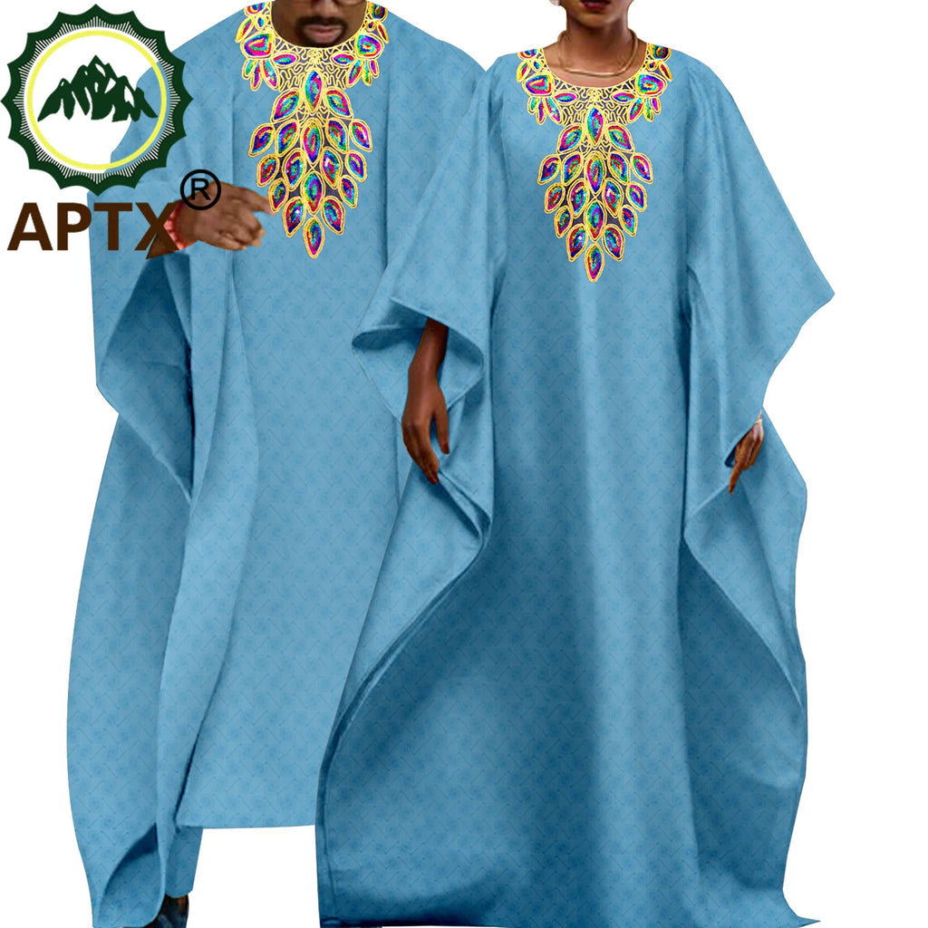 African Couple Clothes Men Embroidery Robe Shirt Pants 3 Pieces Set Women Dress V-neck Ankara Riche Attire Causal Wear T23C006