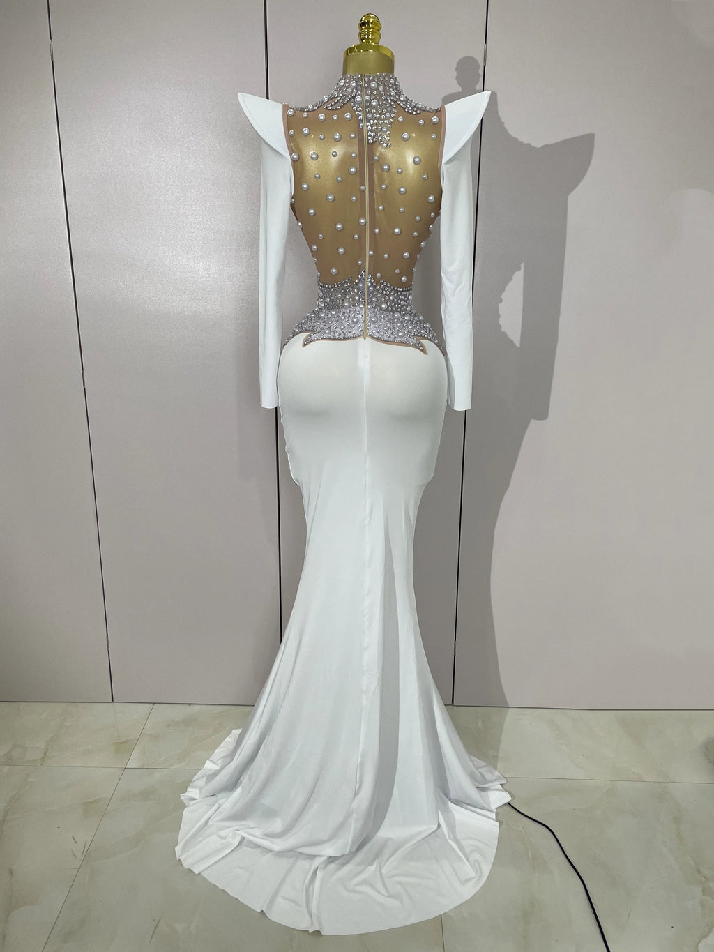 Sparkly Diamonds Pearl Black Sexy See Through Mesh Long Dress Women Wedding Evening Luxury Birthday Party Stage Photoshoot Dress