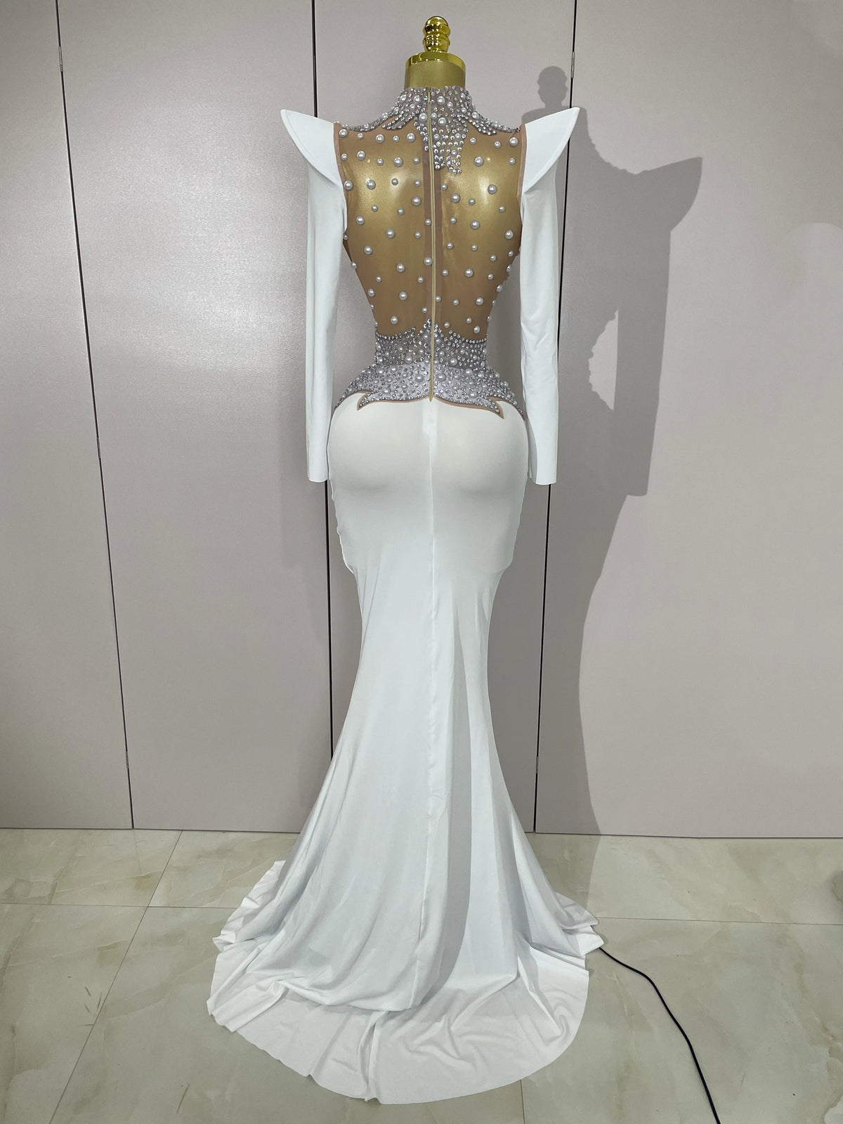 Luxury Sparkly Diamonds Pearl White See Through Mesh Long Dress Women Wedding Evening Party Stage Performance Photoshoot Dress