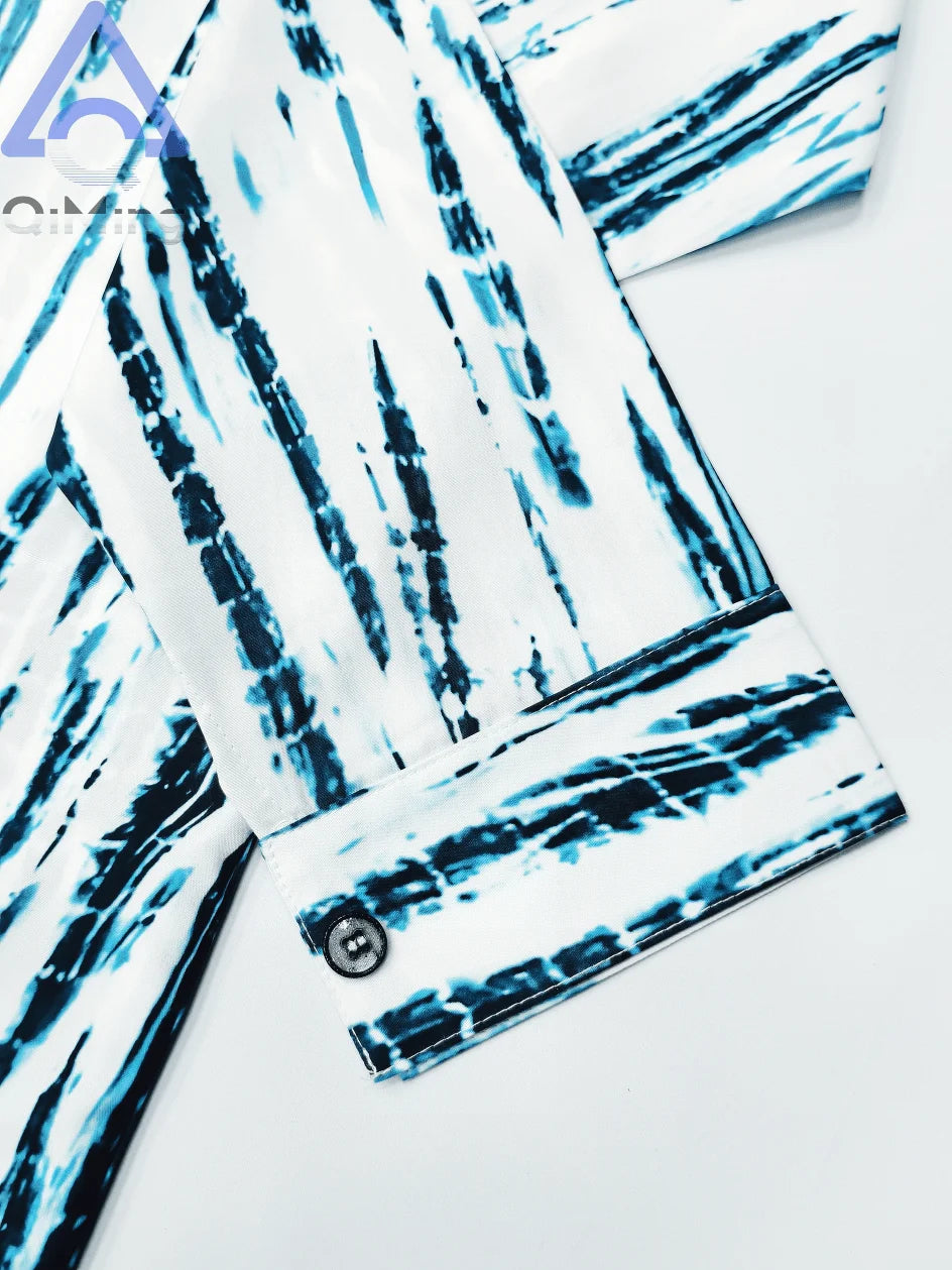 African Muslim Men's Fashion Clothing 2 Pieces White Color-Blocking Tie-Dyeing Printing Modern Prayer Moroccan Islamic Dress