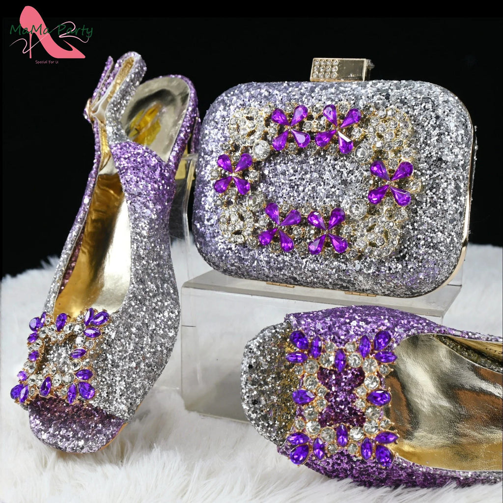 Purple Color New Design Italian Shoes and Bag Set for Wedding Low Heels Shinning Crystal Peep Toe Platform