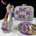 Purple Color New Design Italian Shoes and Bag Set for Wedding Low Heels Shinning Crystal Peep Toe Platform