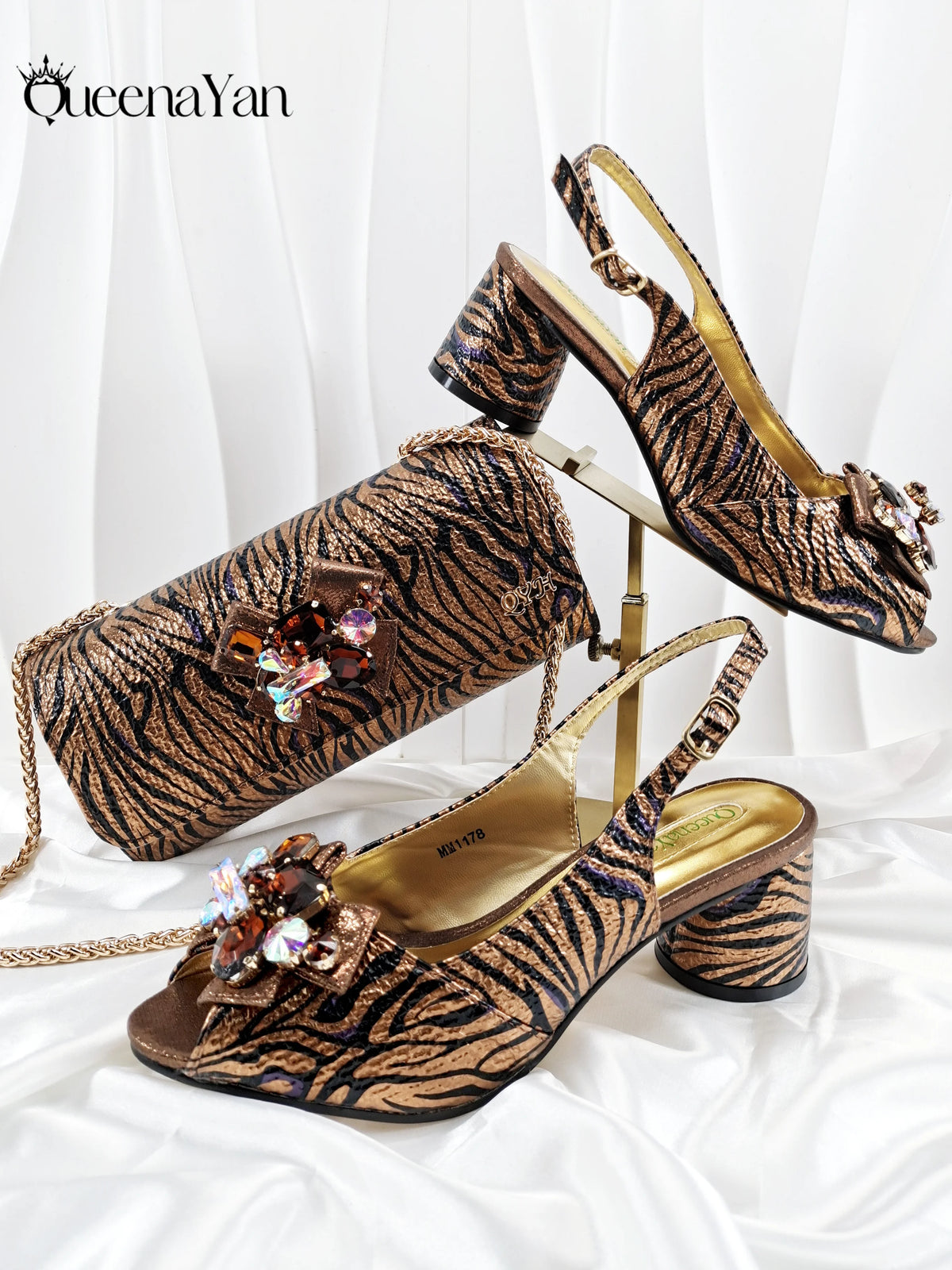 Queena Yan Striped and Leopord Design Mature Style Party Wedding Peep Toe High Heels and Bag Set Decorated With Rhinestone