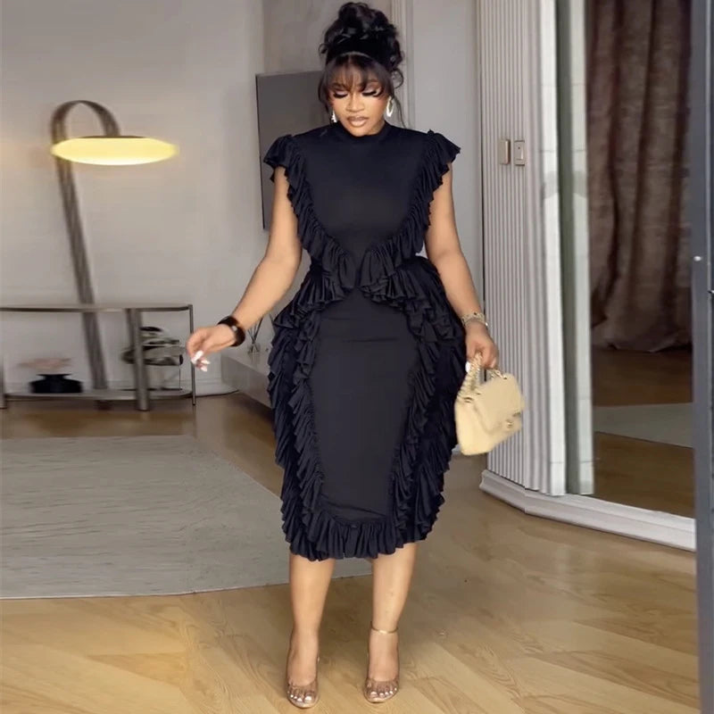 Elegant Women Summer Ruffles Dress Sleeveless Bodycon Round Neck Casual Vintage Slim Evening Party Club Midi Dresses