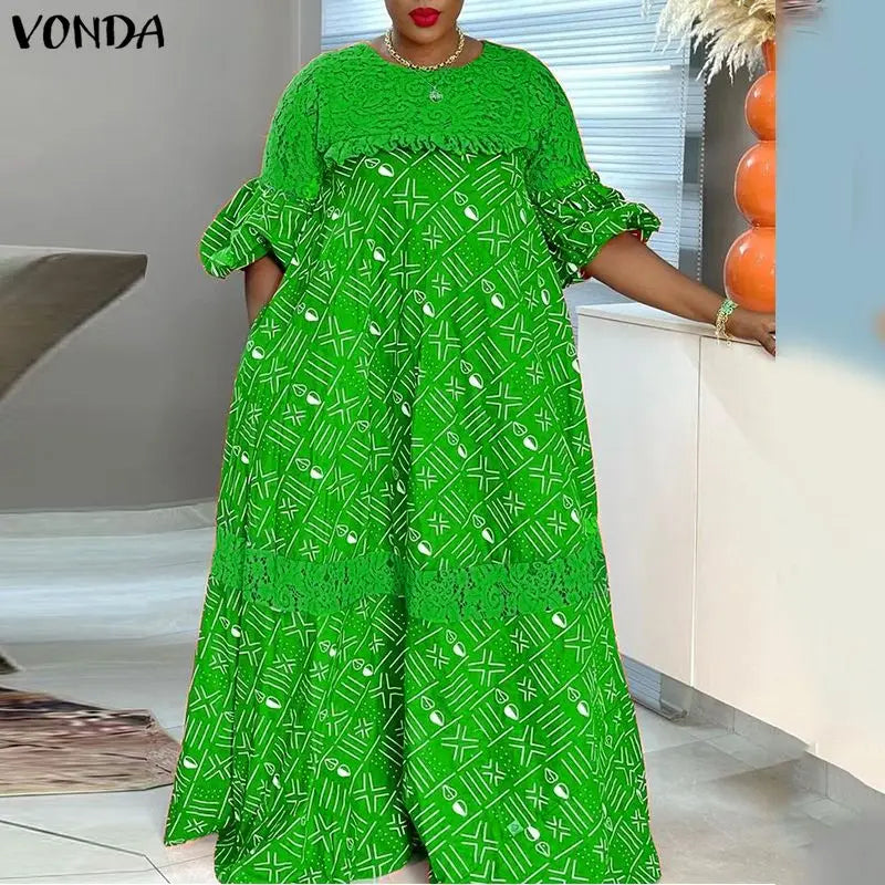 5XL Women Party Dress Plus Size VONDA Vintage Sundress 2025 Casual Loose Lace Patchwork Robe Fashion Half Sleeve Vestidos