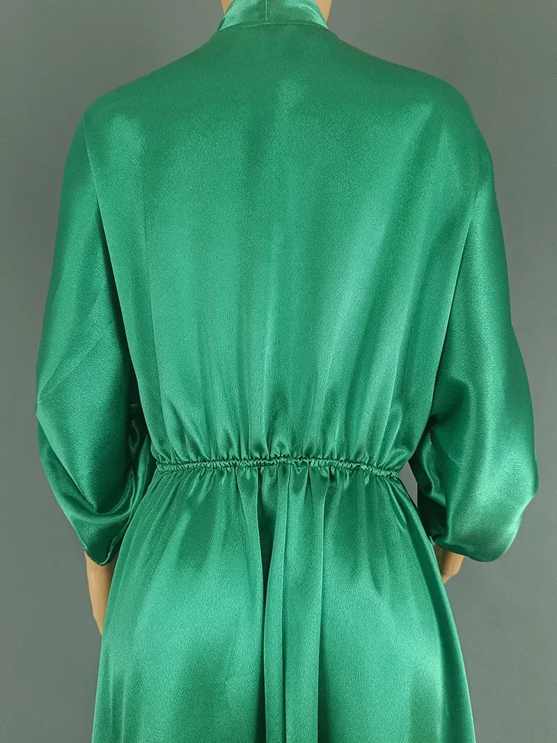 Women Elegant Shiny Satin Loose Party Dress V Neck Beading High Waist Long Gowns Formal Celebrate Evening Event Birthday Robes