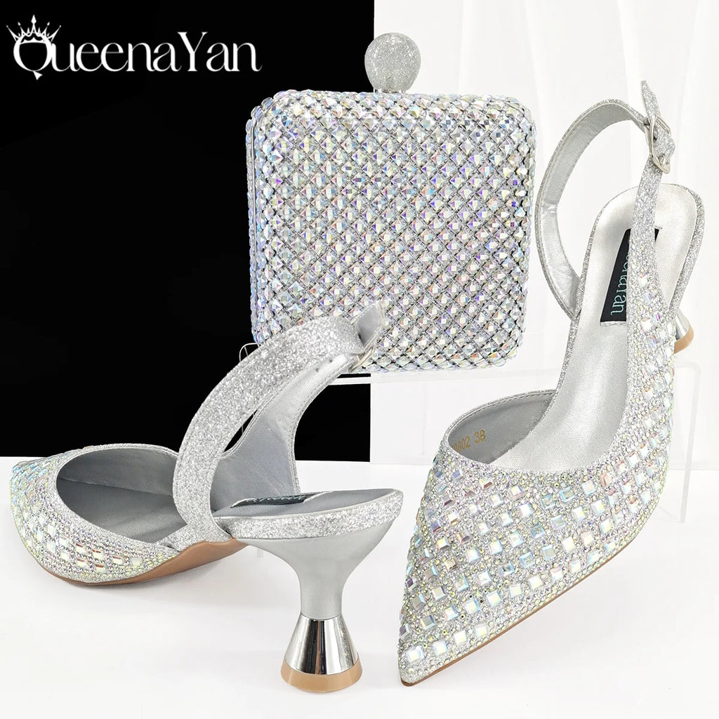 Queena Yan 2025 Italian Design Rhinestone Luxury Navy Blue Pointed Toe Shoe & Bag Set Women High Heels for Parties High Quality