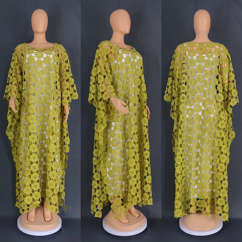 White Lace Hollow Africa Dresses for 2023 Muslim Women Dress African Clothes Dashiki Taditional Boubou Arabic Robe Femme Ramadan