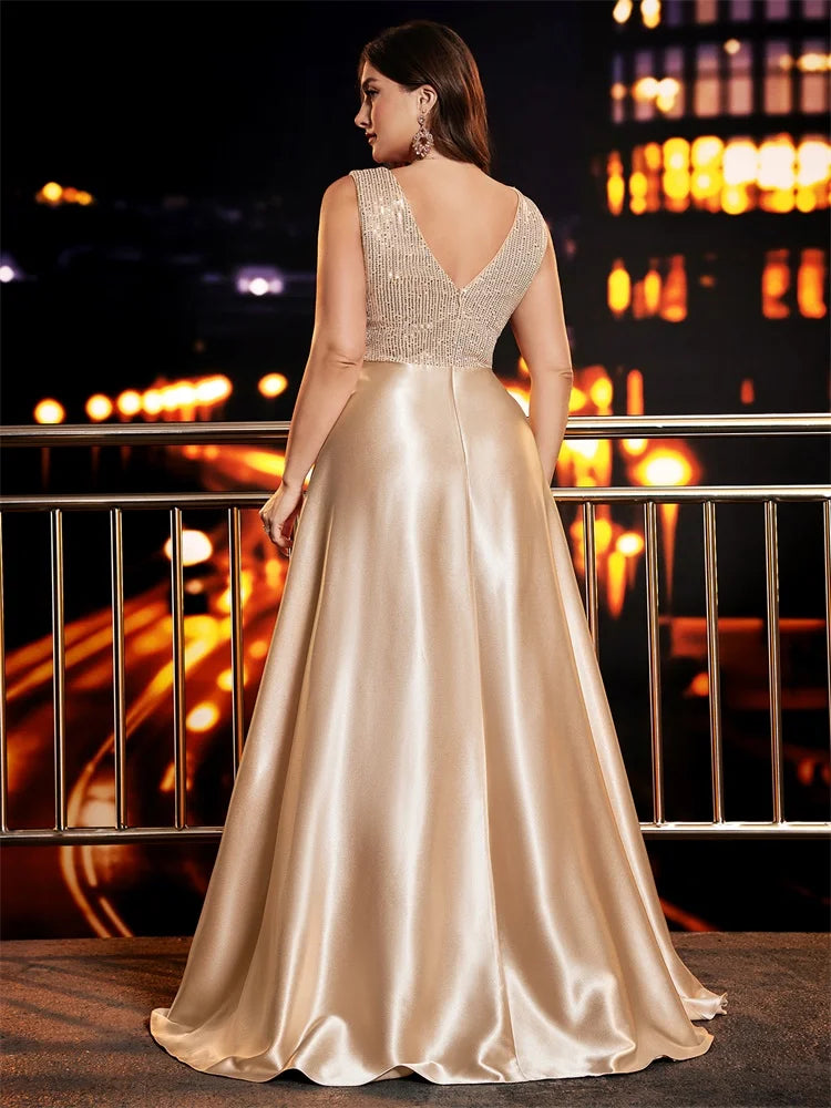 Plus Size Elegant Sequins Evening Dress For Women 2025 Deep V-neck Satin Prom Party Dress Floor Length Formal Gowns