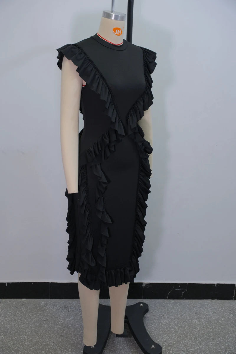 Elegant Women Summer Ruffles Dress Sleeveless Bodycon Round Neck Casual Vintage Slim Evening Party Club Midi Dresses