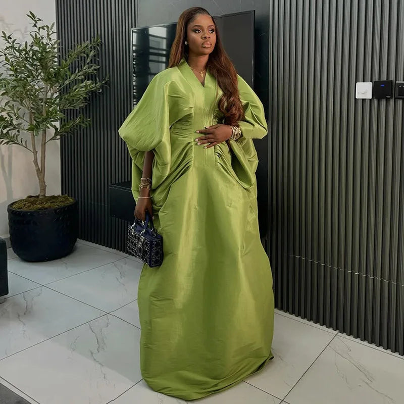 Elegant Women Long Loose Dresses Pleated Evening V Neck Lantern Sleeve African Female Classy Fashion Glitter Party Bubu Dress