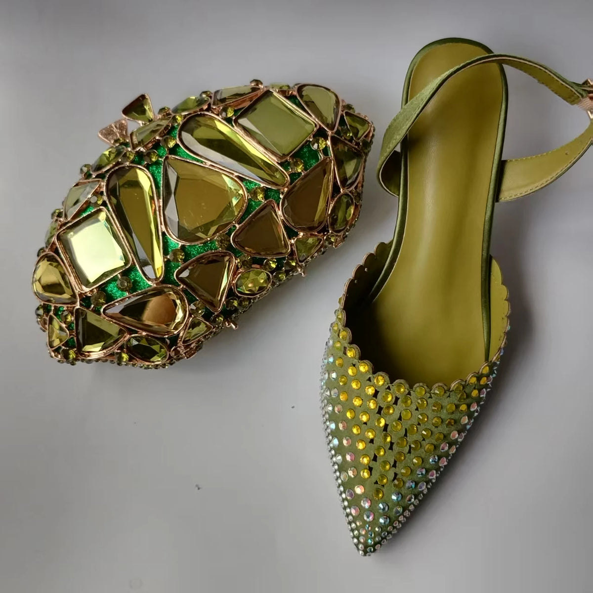 Luxury Olive Green Rhinestones Women's Shoe and Bag Set for Party Wedding Crystals Heeled Pumps and Handbag Sandals
