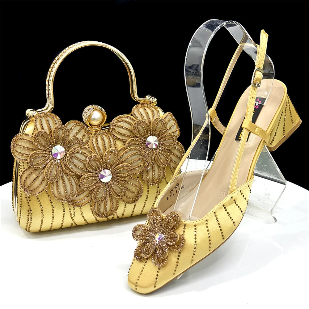 2026 New Elegant Italian Women's Black Heels with Rhinestones and Floral Accents & Matching Clutch Bag Set – Ideal for Parties
