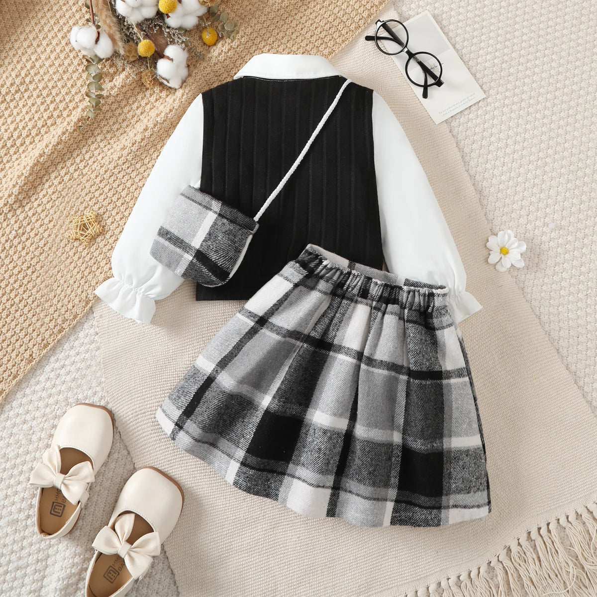 3Pcs Children Girl Set Splicing Fake Two piece Top+Checkered Skirt+Mini Bag Set Suitable Girls 4-7 Year Autumn College Style Set