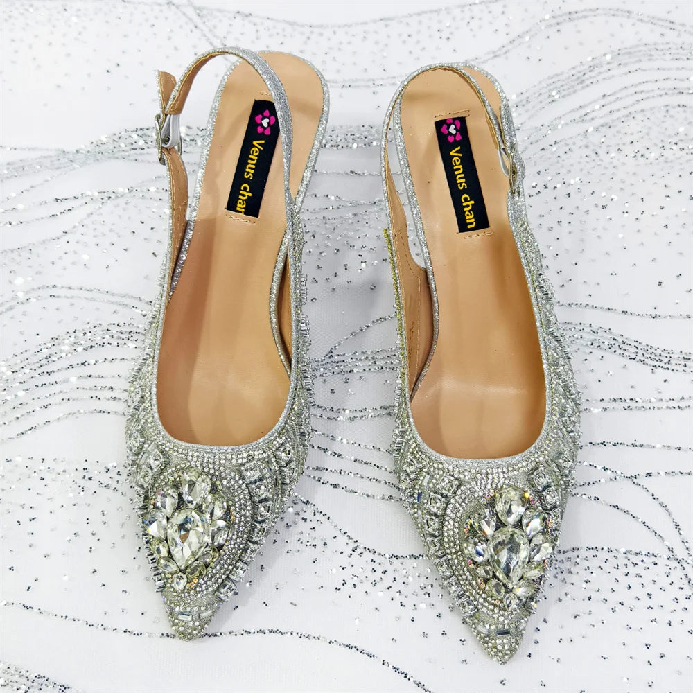 Venus Chan 2025 Elegant Rhinestone Pointed Toe Pumps With Matching Bag Set Large Size shoes Big Bag for Women's Party High Heels