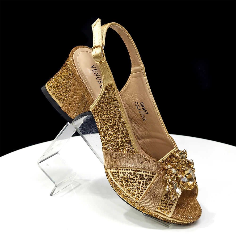 Venus Chan Elegant 2025 Gold Peep-Toe Heels with Diamond Accents - Italian Matching Pumps and Bag Set for Parties