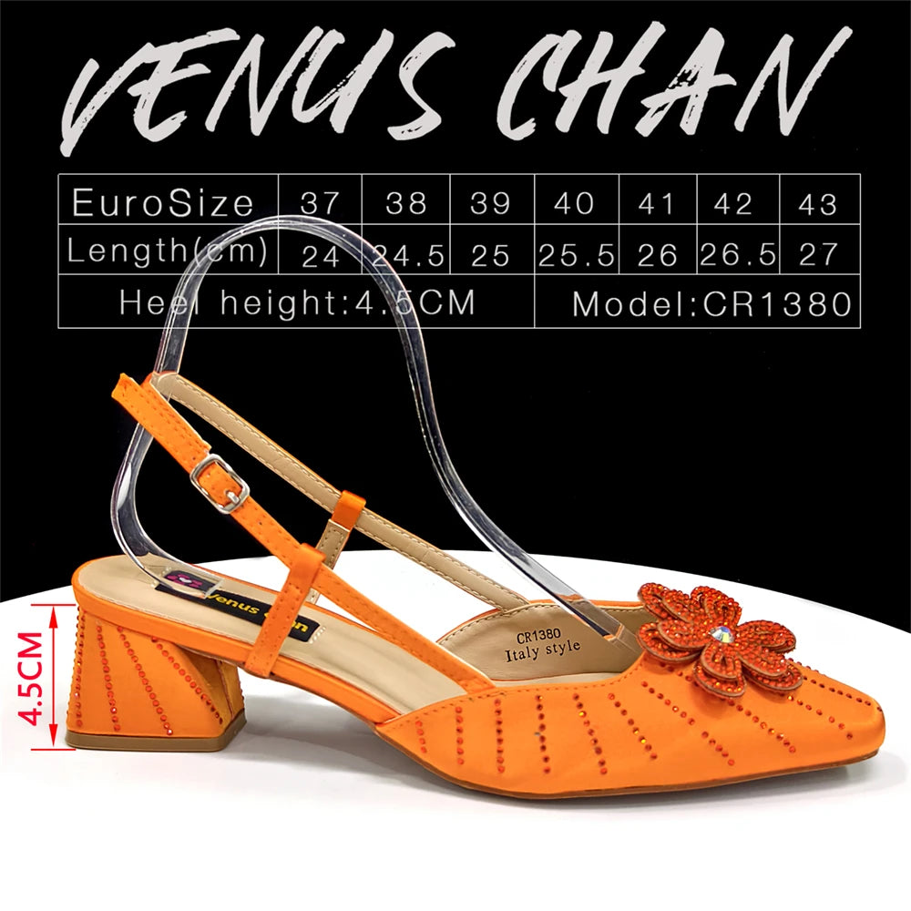 Venus Chan Italian Fashion Women's Elegant Orange Heels & Rhinestone Clutch Bag Set – Perfect for Parties and Special Occasions