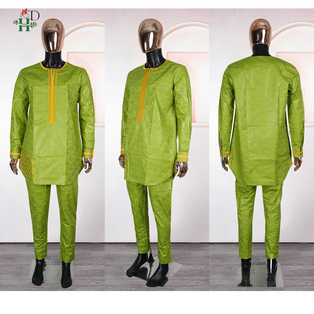 H&D African Clothing For Man Traditional Agbada Sets 2PCS Green Bazin Riche Shirt Pant Embroidered Wedding Party Suits Plus Size