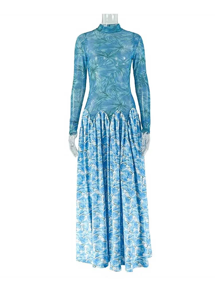 A Line Maxi Dress for Women Autumn Light Blue Long Sleeve Dress Slim Waist Mid-turtleneck Chic Elegant Evening Dresses Ladies