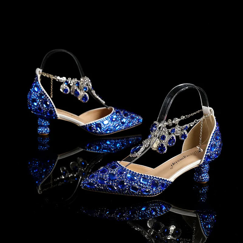 New 5cm Rhinestone shoes buckle round heel blue pointed Crystal Wedding sandals social dance Prom shoes Latin  shoes size 35-43