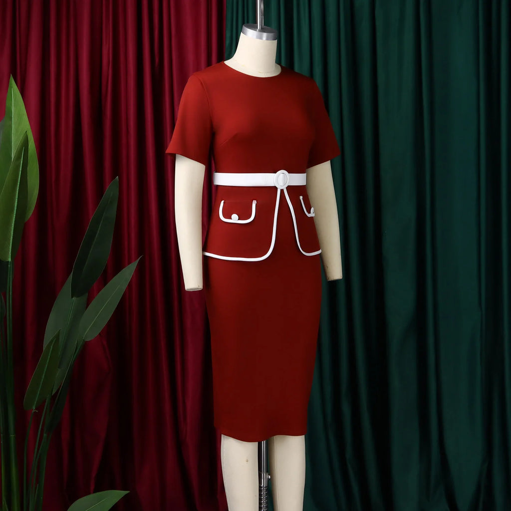 Elegant Fashionable Stretchy Short Sleeve Wrap Body Midi Dress Large Size African Style Commute Dress High Waist Skirt