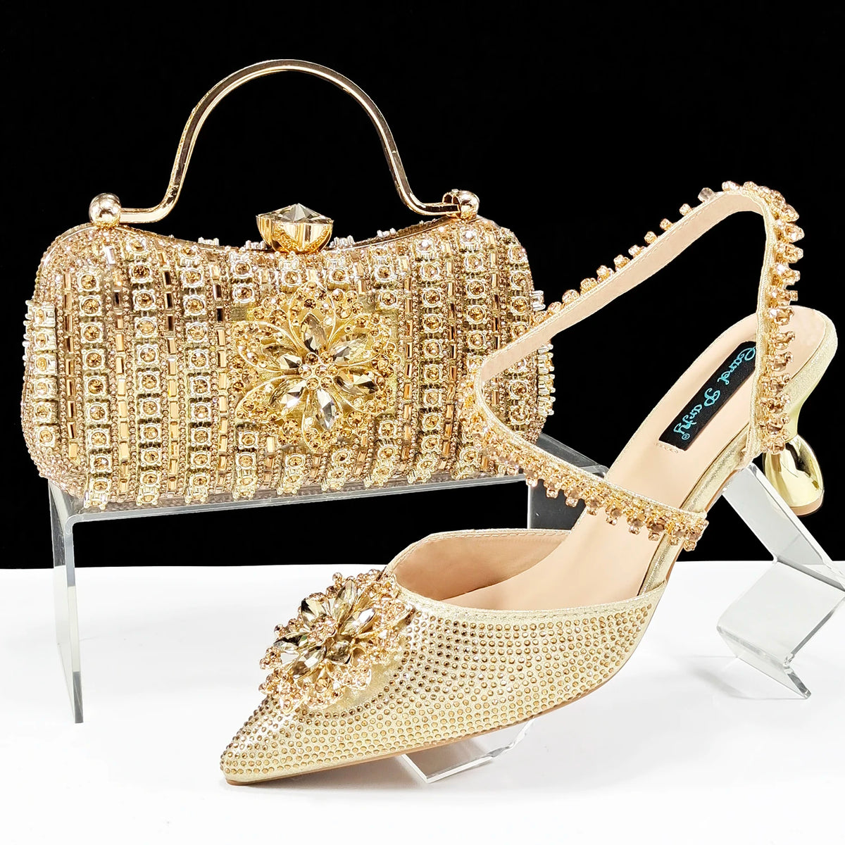 African Special Banquet Elegant Style Silver Color Party Wedding Pointed Toe  Heel Women Shoes and Bag Set With Rhinestone