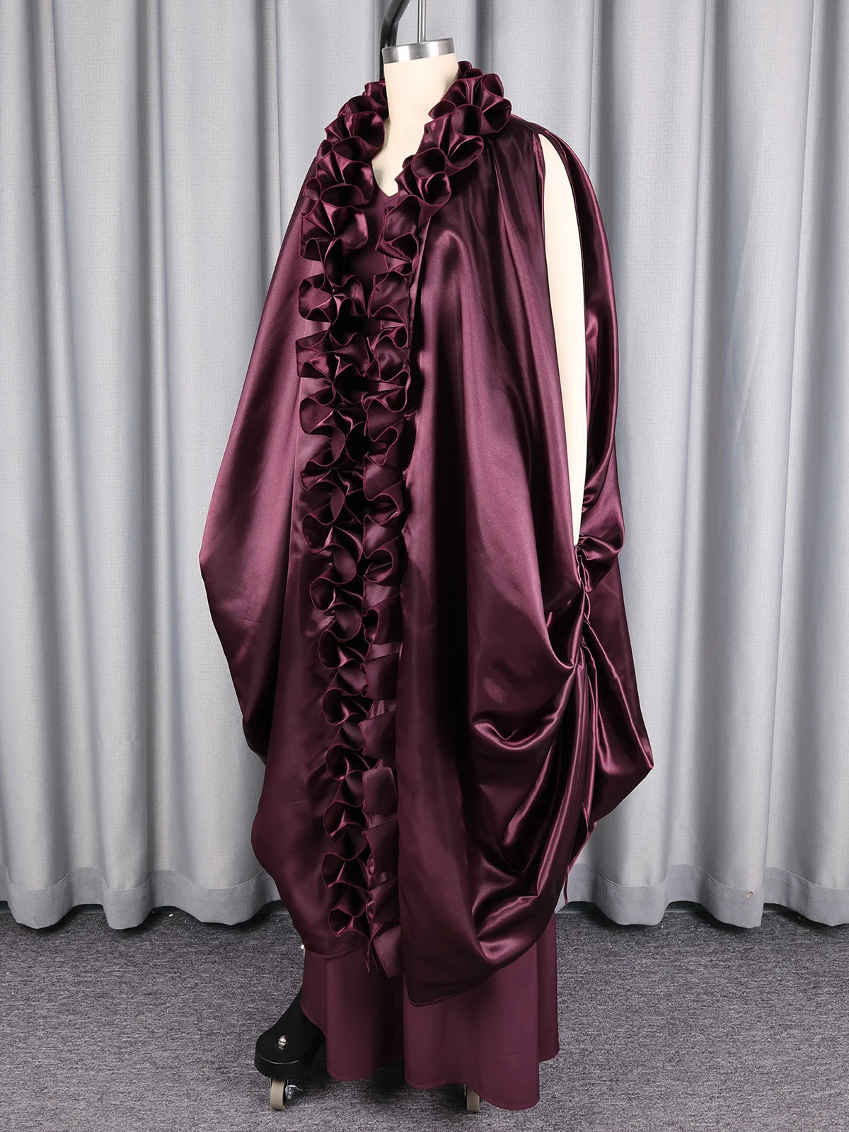 African Elegant Brown Two Piece Set Loose Kaftan Cape Ruffles Robe with O Neck Sleeveless Jumpsuit Events Parties Occasion New