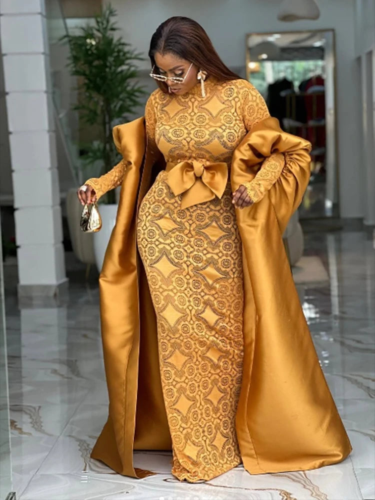 Elegant African Two Pieces Set Inside Bodycon Lace Dresses Sheer Bow Belt Kaftan Boubou Gowns Shiny Robe Weddings Event Occasion