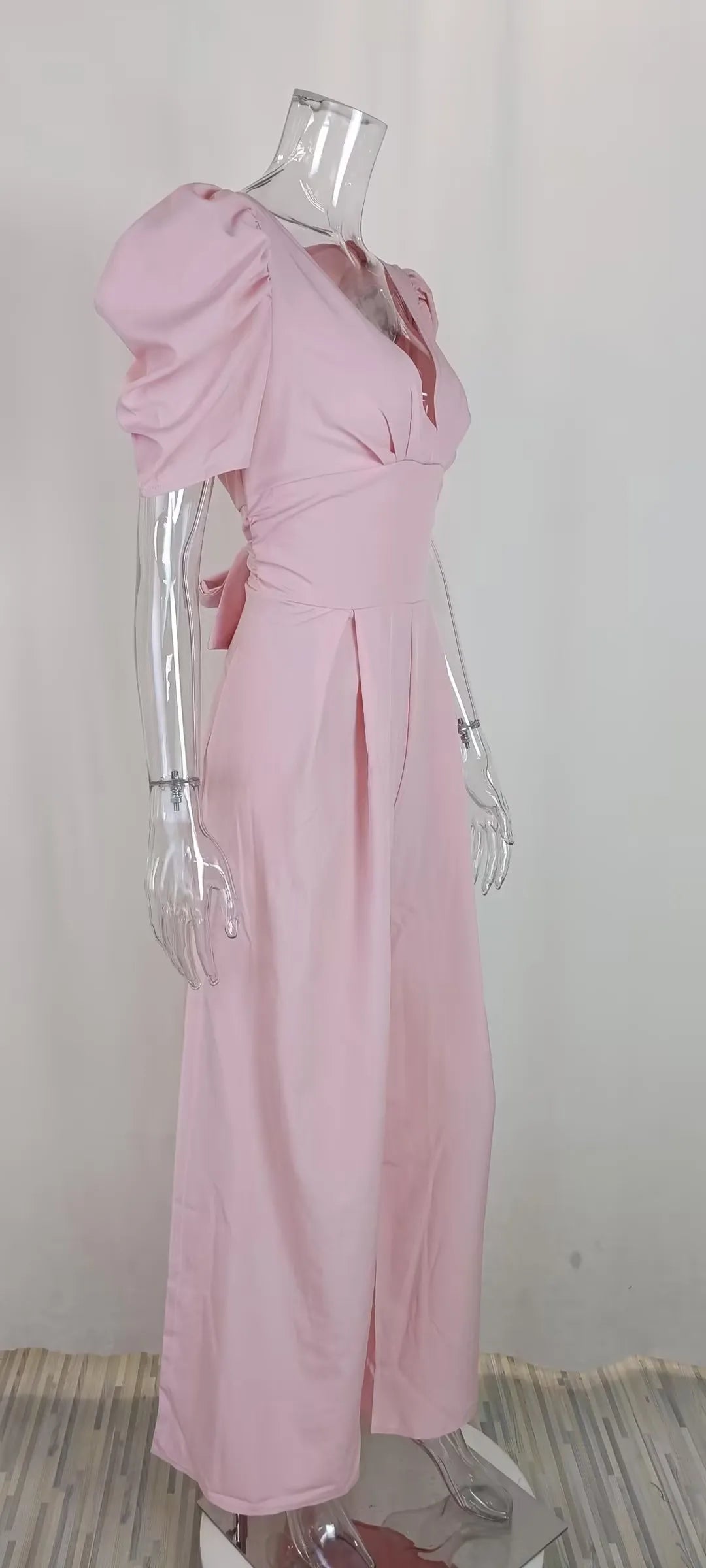 Casual Elegant Women's Summer Trendy Deep V-Neck Puff Sleeve Hollow Backless High Waist Jumpsuit Sexy Slim Pearl Button Belt