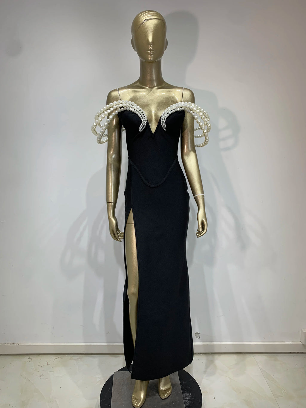 Women Celebrity Sexy Off Shoulder Pearl Black Maxi Long Bandage Bodycon Dress 2025 Elegant Evening Club Party Outfit