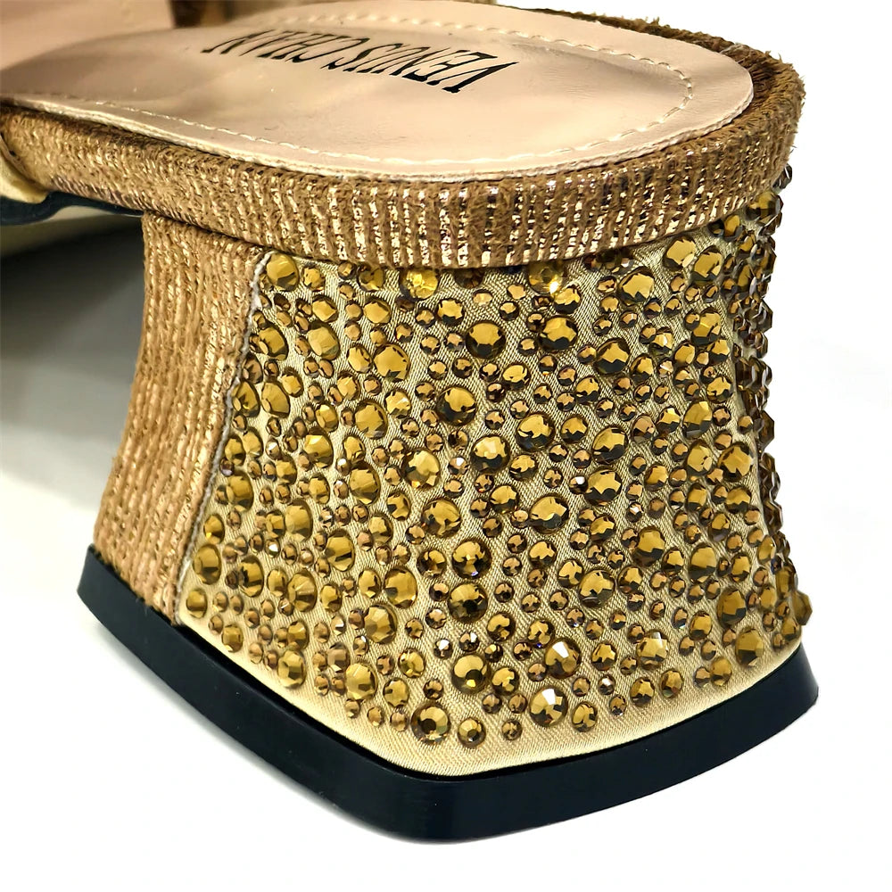 Venus Chan Elegant 2025 Gold Peep-Toe Heels with Diamond Accents - Italian Matching Pumps and Bag Set for Parties