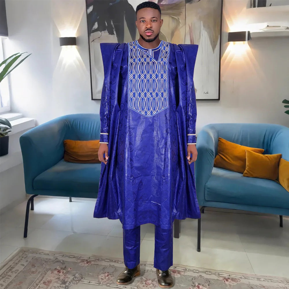 2025 New African Clothes for Men Dashiki Tradition Outfit Robe Embroidery Tops Pants Suits Bazin Muslim Wedding Party Clothing