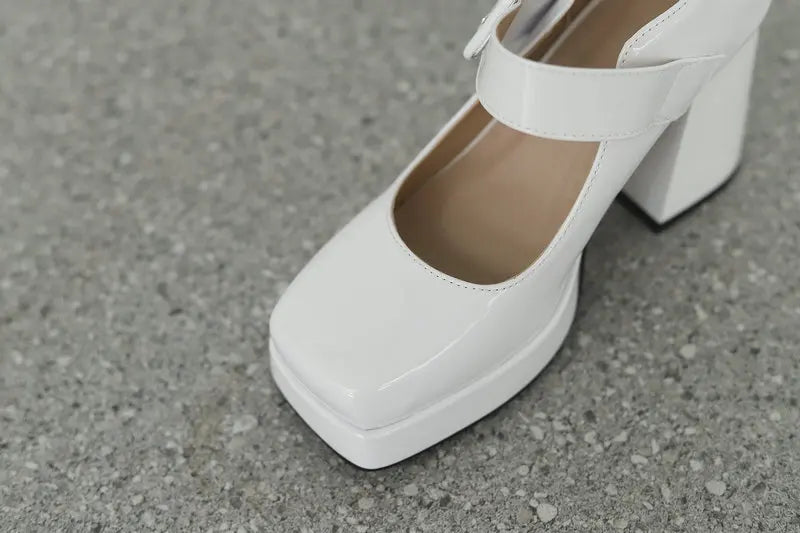 Size 33-48 Patent Shiny PU Leather Lady Office Pumps Wide Buckle Strap Platform Mary Janes Shoes Spring Fall Block Chunky Heels