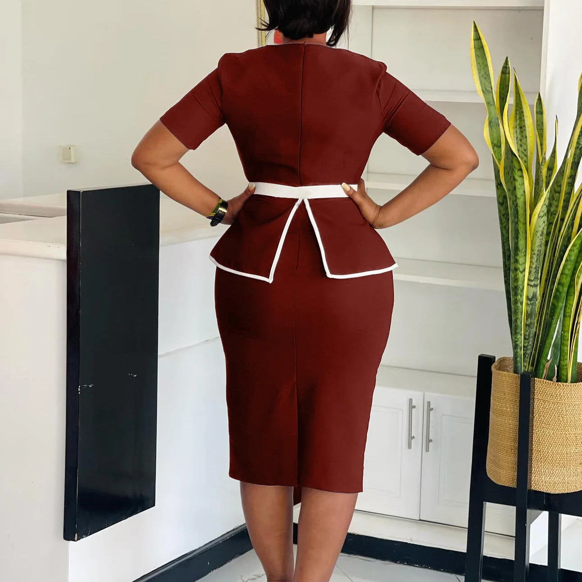 Elegant Fashionable Stretchy Short Sleeve Wrap Body Midi Dress Large Size African Style Commute Dress High Waist Skirt